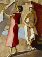 Artist Rachel Reckitt: Two Women in a backyard, one hanging linen, the other leaning against a wall; 1956